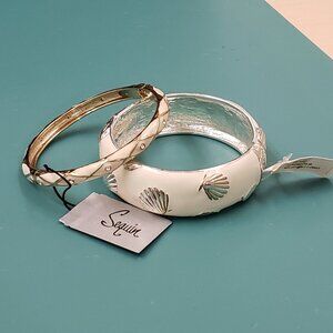 Sequin Manluck, NWT, ivory silver gold tone enamel rhinestone hinge bangle set